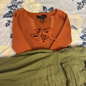 Orange Lace-Up Ribbed Long Sleeve Top